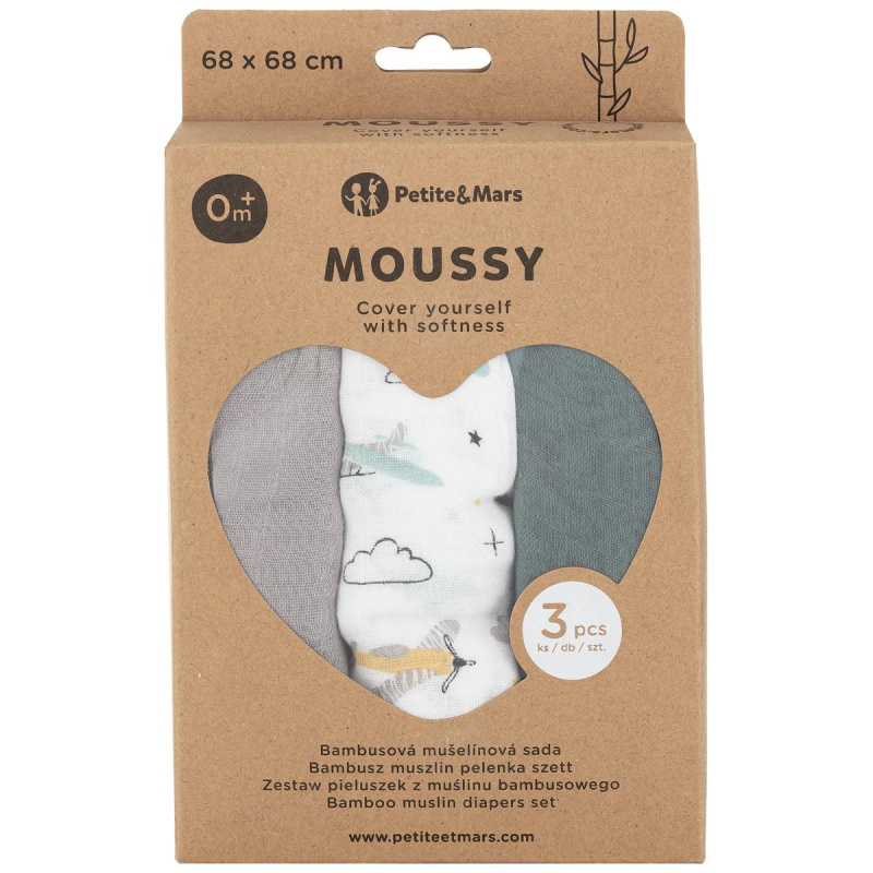 Petite&Mars Moussy látkové pleny Grey Planes 68 x 68 cm 3 ks