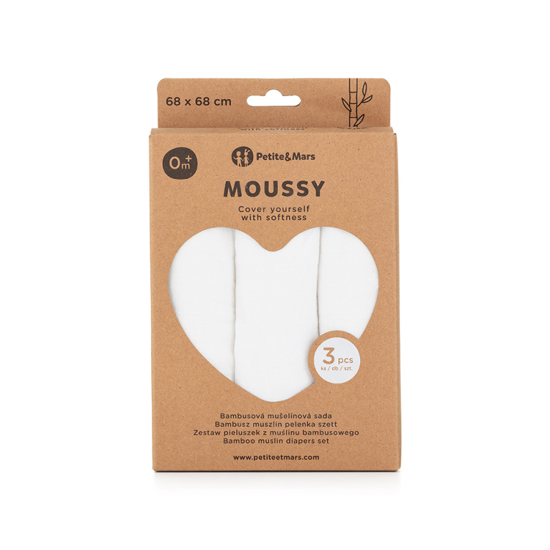 PETITE&MARS Sada plen bambusová mušelínová 3ks Moussy Total White, 68 x 68 cm
