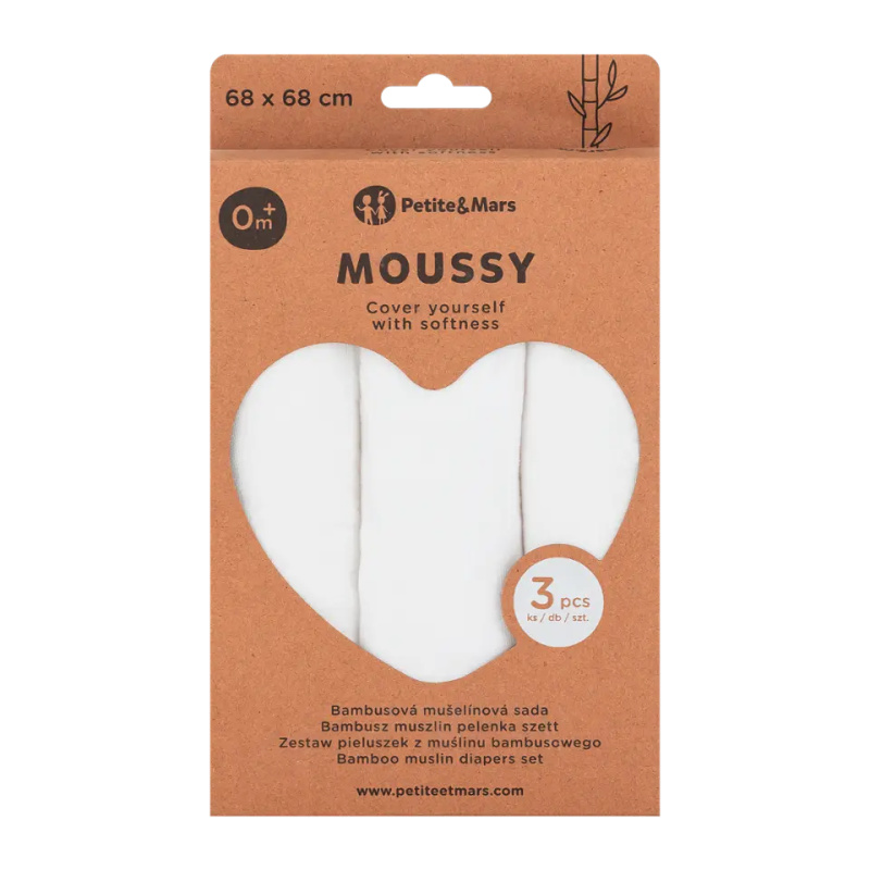 PETITE&MARS Sada plen bambusová mušelínová 3ks Moussy Total White, 68 x 68 cm
