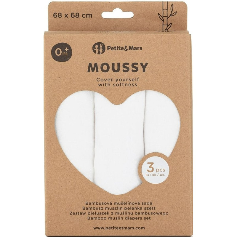 PETITE&MARS Sada plen bambusová mušelínová 3ks Moussy Total White, 68 x 68 cm