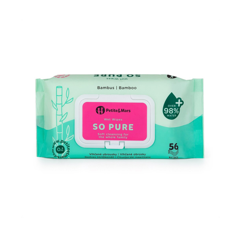 PETITE&MARS Ubrousky vlhčené SO PURE bambusové bioodbouratelné 56 ks