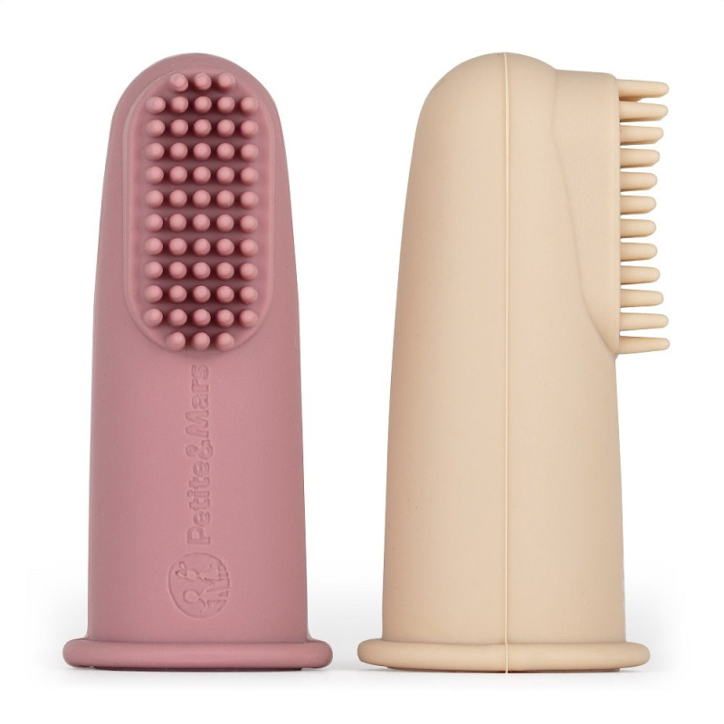 Petite&Mars Take&Match 0m+ dětský zubní kartáček na prst s pouzdrem Rose&Sand 2 ks