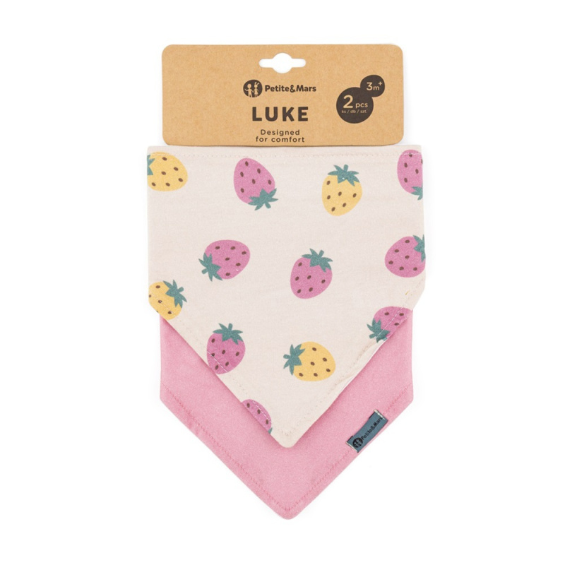 Petite&Mars Bandana Luke 3m+ bryndák Beige Strawberies&Dusty Rose 2 ks