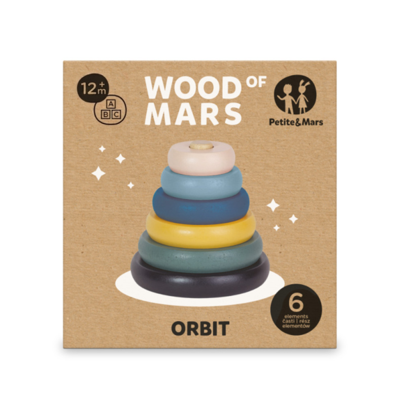Petite&Mars Wood of Mars Orbit nasazovací kroužky ze dřeva 36m+ Cosmic Blue 1 ks