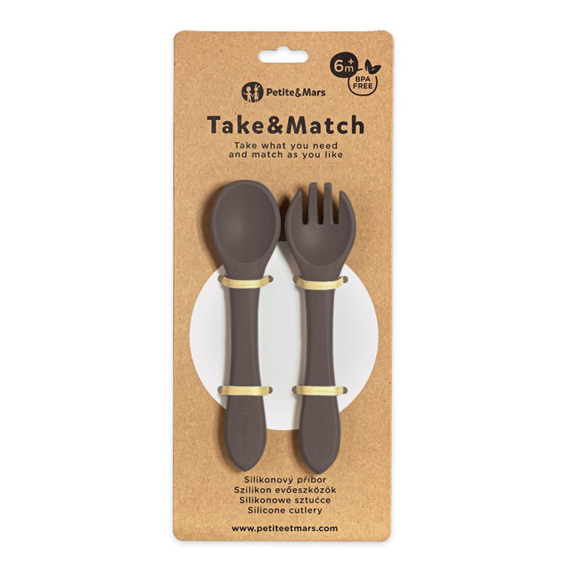 Petite&Mars Take&Match Silicone Cutlery příbor Bitter Cocoa 6m+ 2 ks