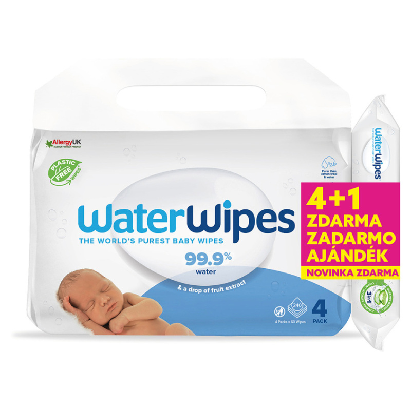 Waterwipes Vlhčené ubrousky bez obsahu plastů 4×60 ks + Hydrating clean ubrousky 60 ks