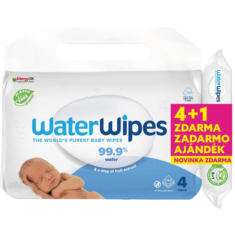 Waterwipes Vlhčené ubrousky bez obsahu plastů 4×60 ks + Hydrating clean ubrousky 60 ks