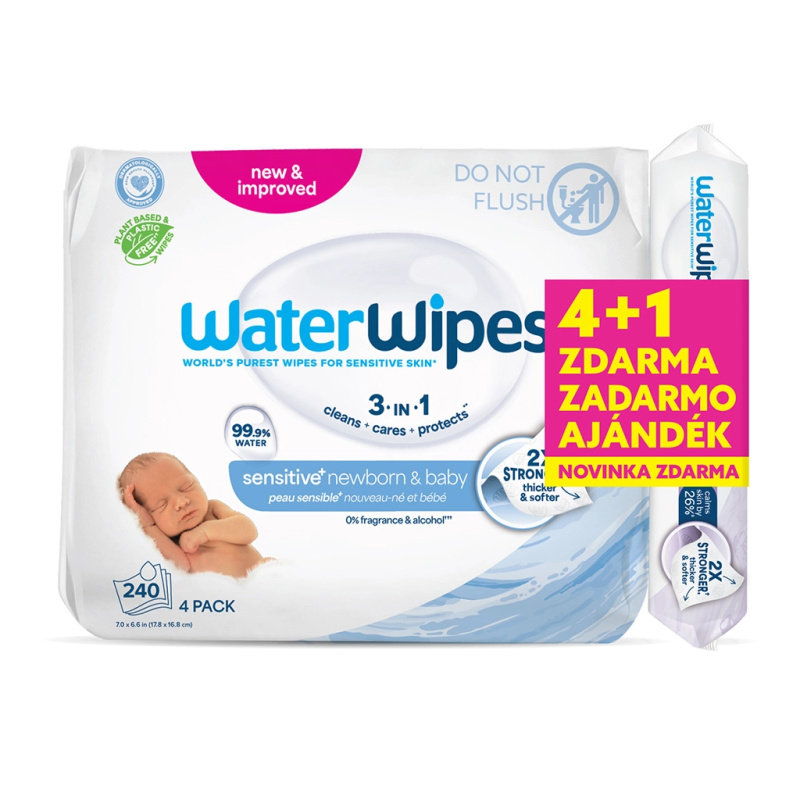 WaterWipes vlhčené ubrousky 4×60 ks + Soothing clean 60 ks zdarma