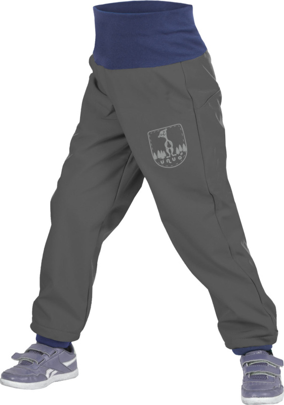 Batolecí softshellové kalhoty UNUO  s fleecem Antracitové + reflexní obrázek Evžen (Softshell toodler trousers) Velikost: 80/86
