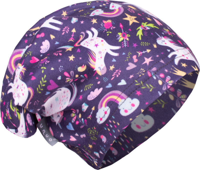 Dětská čepice UNUO fleecová spadená, Jednorožci Velikost: S (45 - 48 cm)