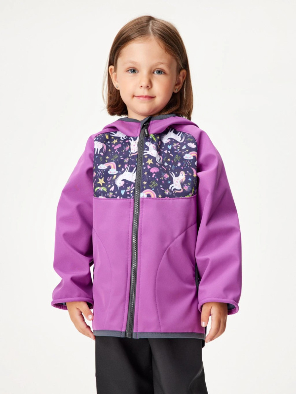 Dětská softshellová bunda s fleecem UNUO jednorožci, ostružinová Velikost: 122/128
