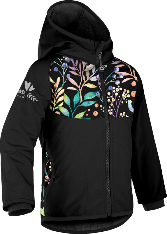 Dětská softshellová bunda UNUO s fleecem, Černá, Podzimní bobule Velikost: 140/146