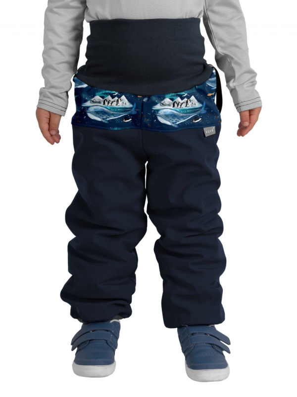 Batolecí softshellové kalhoty UNUO s beránkem, modré, Tučňáci Velikost: 92/98