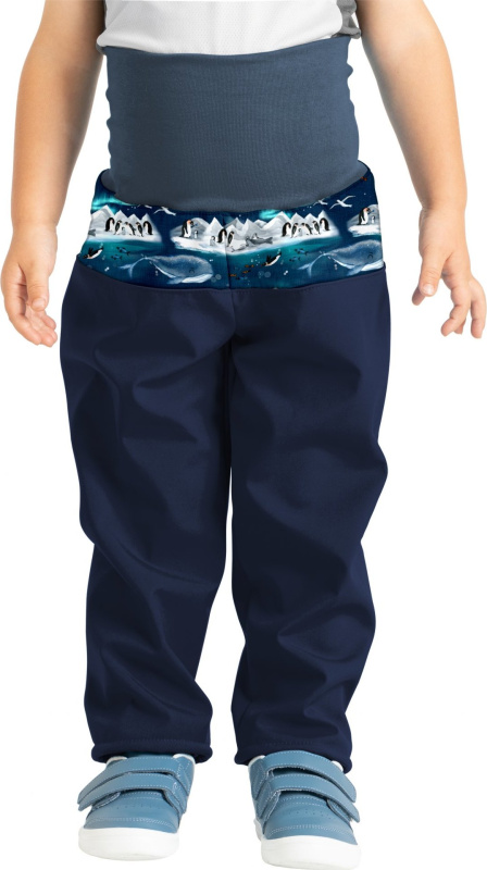 Batolecí softshellové kalhoty UNUO Basic s fleecem, modré, Tučňáci Velikost: 98/104