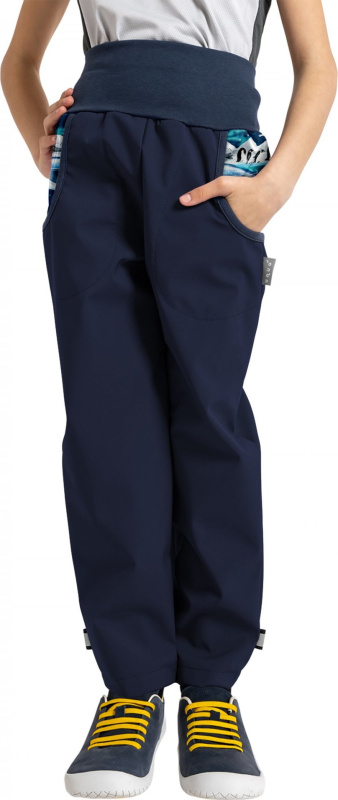 Dětské softshellové oteplovačky UNUO Basic s fleecem, Tm. Modročerná, Tučňáci Velikost: 110/116