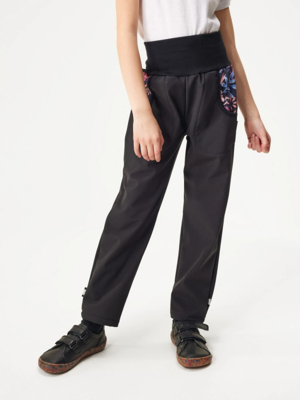 Dětské softshellové kalhoty UNUO Basic s fleecem, Černá, Kouzelné květiny Velikost: 116/122