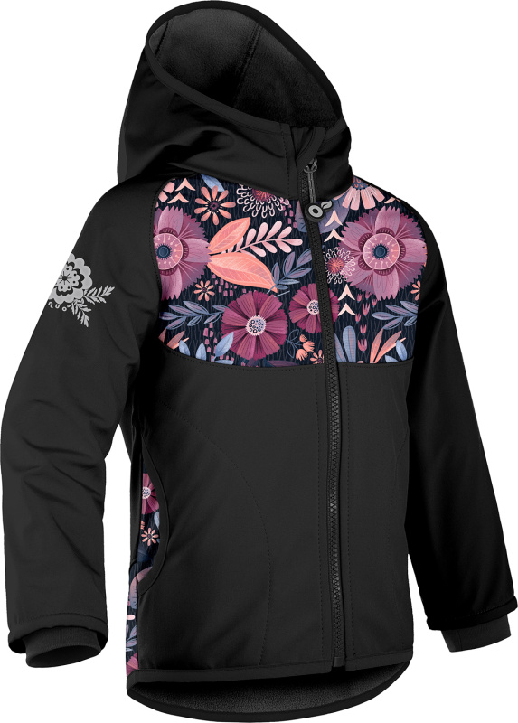 Dětská softshellová bunda UNUO Basic s fleecem, Černá, Kouzelné květiny Velikost: 140/146