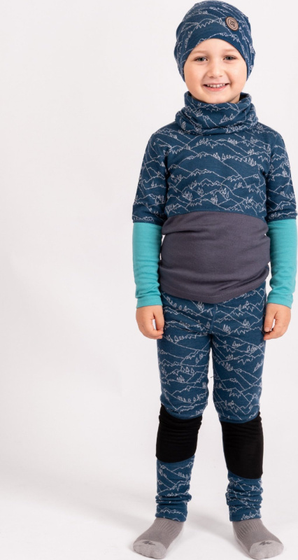 Dětské merino legíny UNUO Nature, Kobaltová, Hory kluk Velikost: 110/116