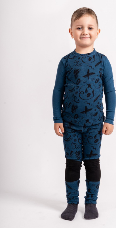 Dětské merino triko UNUO s dlouhým rukávem Nature, Petrolejová, Kresba Velikost: 110/116
