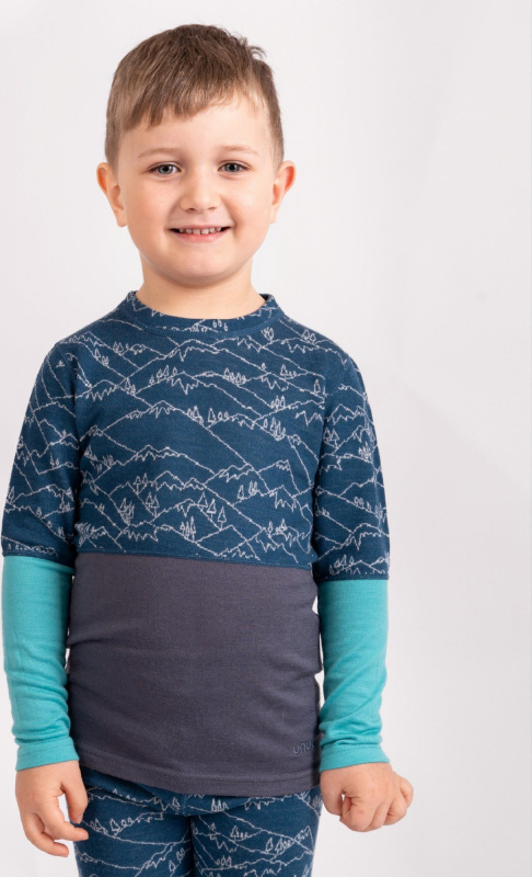 Dětské merino triko UNUO s dlouhým rukávem Nature, Kobaltová, Hory kluk Velikost: 134/140