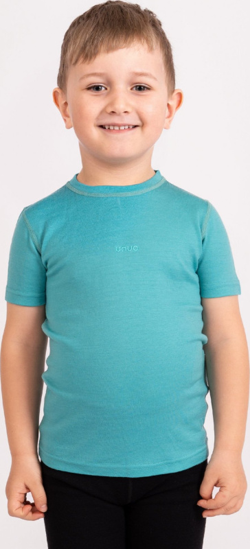 Dětské merino triko UNUO s krátkým rukávem Nature, Aqua Velikost: 122/128