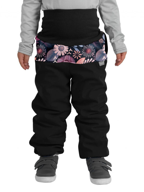 Batolecí softshellové oteplovačky UNUO s beránkem Plus, Černá, Kouzelné květiny Velikost: 86/92