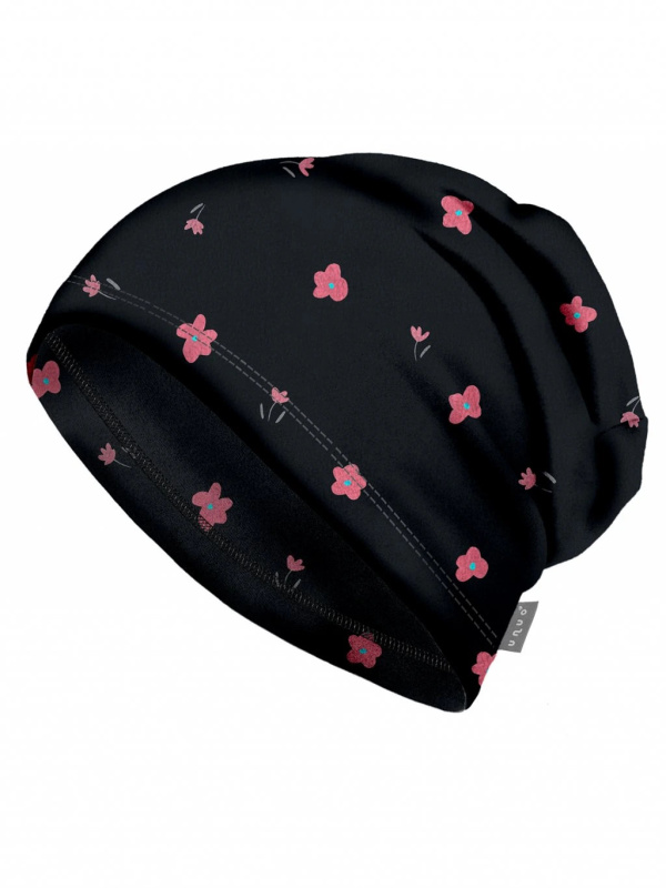 Dětská čepice UNUO fleecová Homeless, Černá, Květiny Velikost: M (49 - 52 cm)