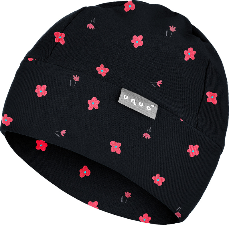 Dětská čepice UNUO fleecová Sport, Černá, Květiny Velikost: M (49 - 52 cm)