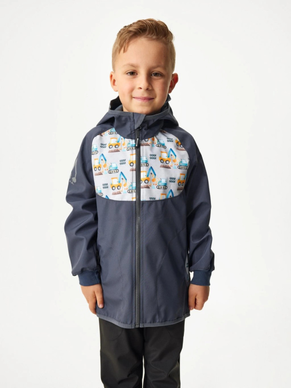 Dětská softshellová bunda UNUO bez zateplení Basic, Tm. Šedá, Bagry Velikost: 104/110