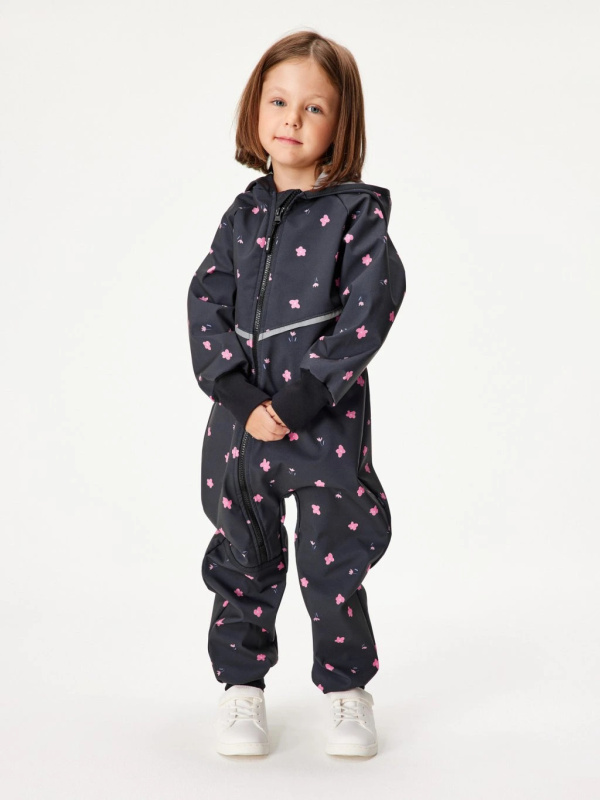 Batolecí softshellová kombinéza UNUO s fleecem Mini, Černá, Květiny Velikost: 86/92