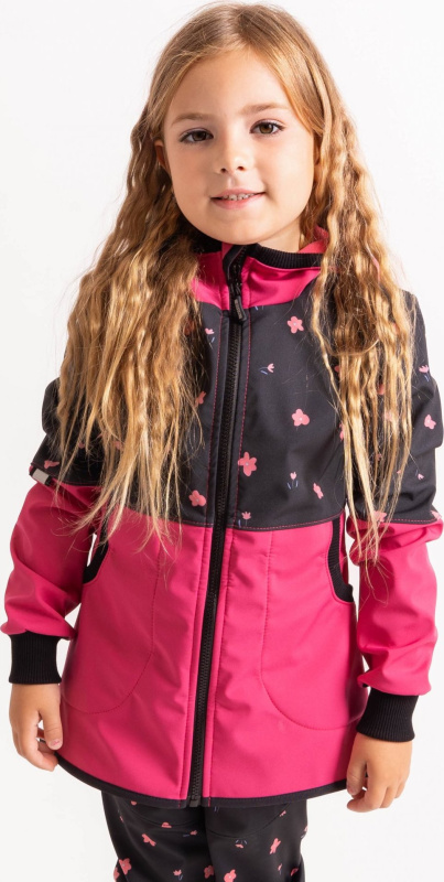 Dívčí softshellový kabát UNUO s fleecem Street, Fuchsiová, Květiny Velikost: 134/140