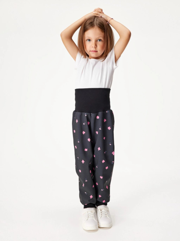 Batolecí softshellové kalhoty UNUO s fleecem Basic, Černá, Květiny Velikost: 86/92