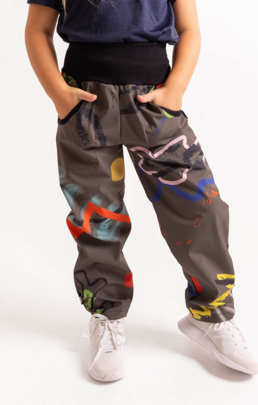 Dětské softshellové kalhoty UNUO s fleecem Basic, Khaki, Fantazie Velikost: 98/104