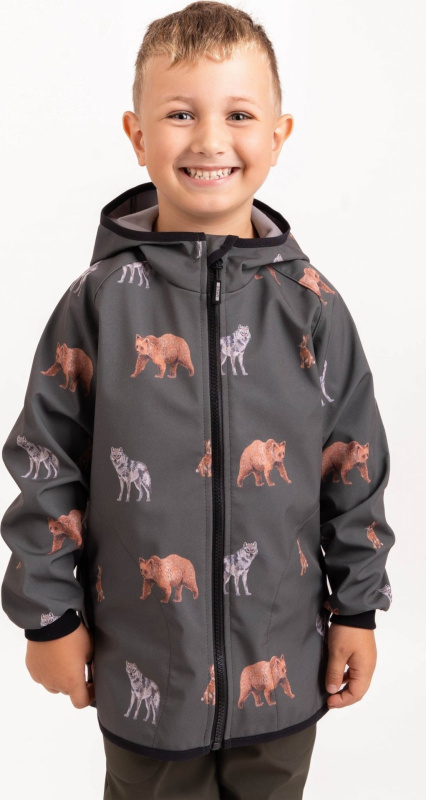 Dětská softshellová bunda UNUO s fleecem Basic, Khaki, Lesní zvířata Velikost: 98/104