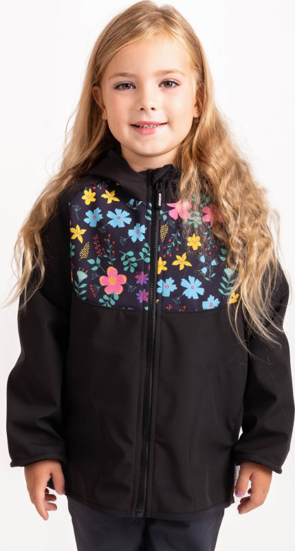 Dětská softshellová bunda UNUO s fleecem Basic, Černá, Kytičky Velikost: 134/140