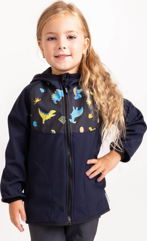 Dětská softshellová bunda UNUO s fleecem Basic, Tm. Modročerná, Dinosauři Velikost: 104/110