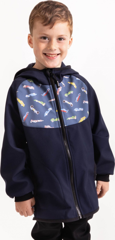 Dětská softshellová bunda UNUO s fleecem Basic, Tm. Modročerná, Auta Velikost: 104/110