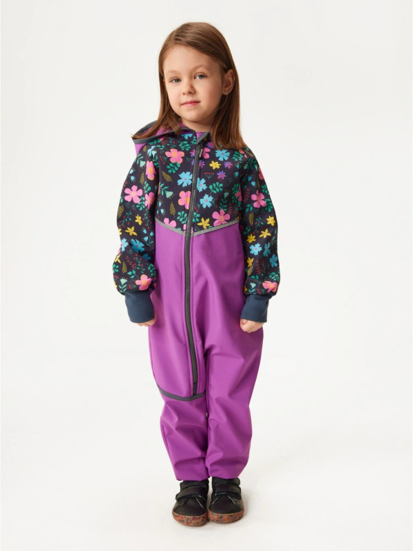 Batolecí softshellová kombinéza UNUO s fleecem Mini, Ostružinová, Kytičky Velikost: 74/80