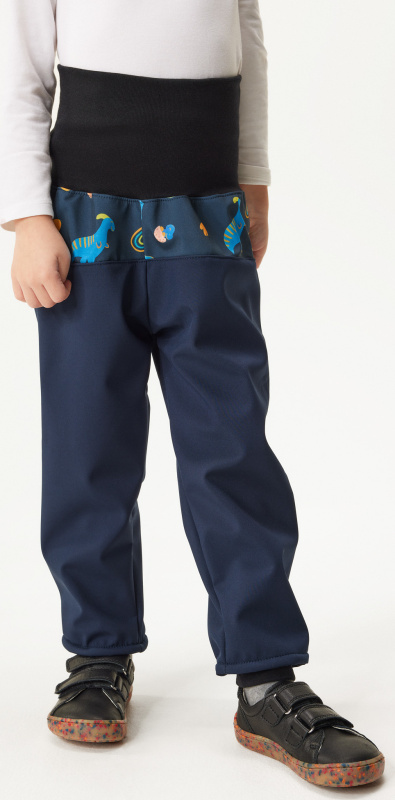 Softshellové kalhoty s fleecem Basic, Tm. Modročerná, Dinosauři - vel. 92/98