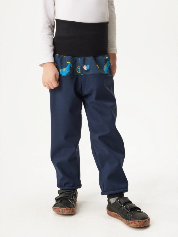 Softshellové kalhoty s fleecem Basic, Tm. Modročerná, Dinosauři - vel. 98/104