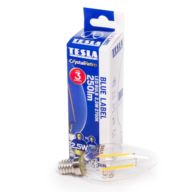 Tesla LED žárovka Retro Filament C37, E14, 2,5 W, 250 lm, 2 700 K