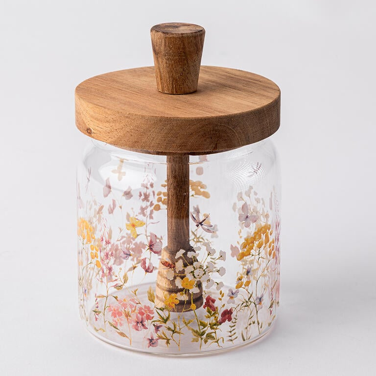 Skleněná dóza na med s dřevěným víkem s naběračkou KVĚTINOVÁ ROMANCE, 400 ml