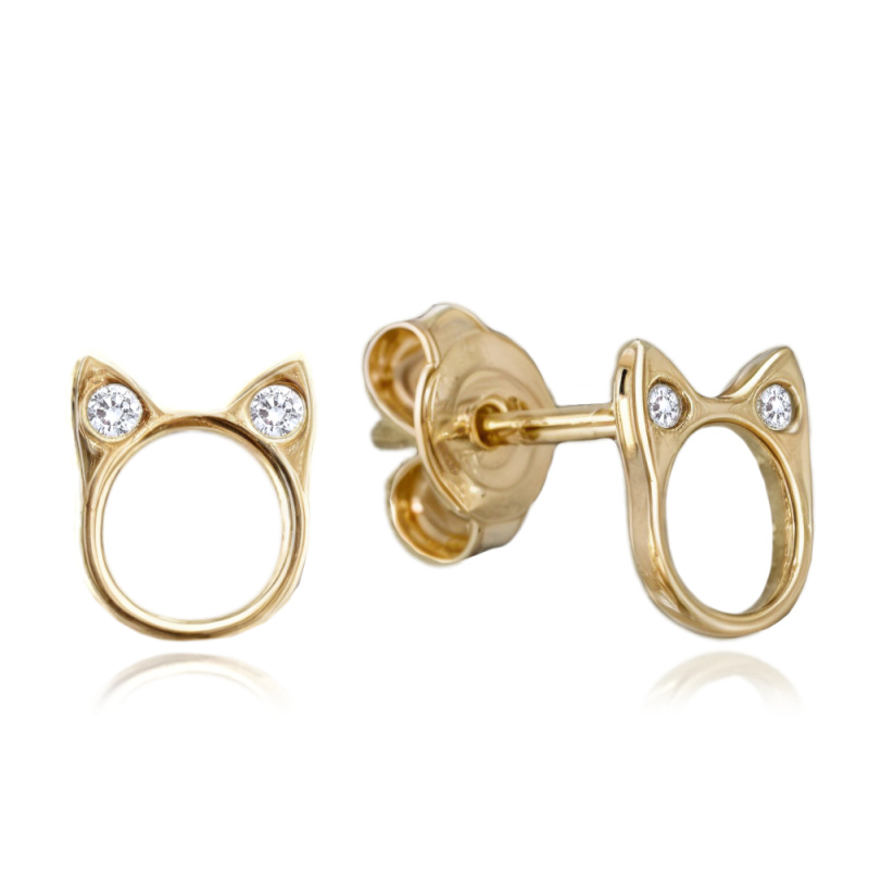 MINET Elegantní zlaté náušnice kočka se zirkony Au 585/1000