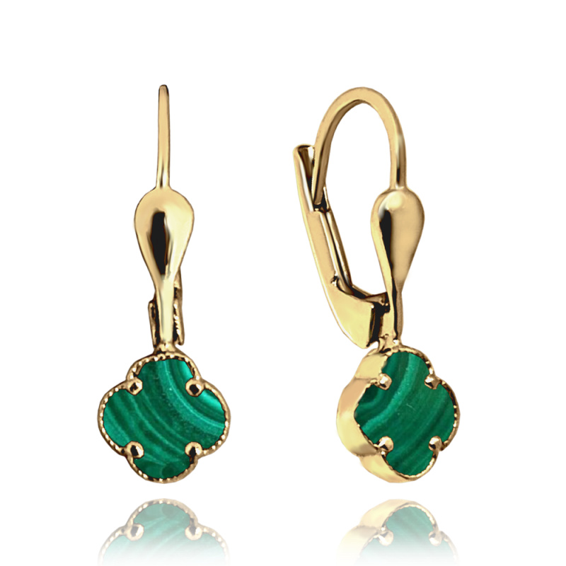 MINET Zlaté náušnice čtyřlístky se zeleným malachitem Au 585/1000
