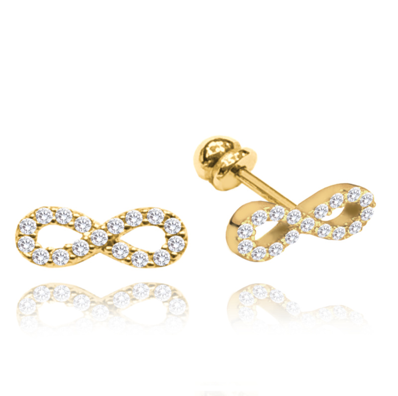 MINET Zlaté náušnice nekonečna na šroubek s bílými zirkony Au 585/1000