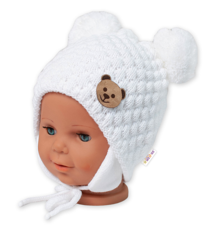 Baby Nellys Zimní pletená čepice Teddy Bear na zavazování, bílá/smetanová, 68/80, (6-12m),