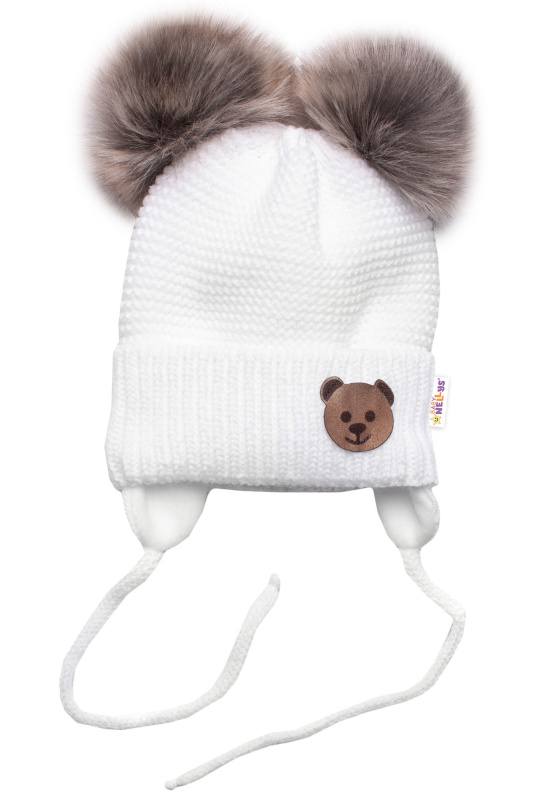 Baby Nellys Dětská zimní čepice s fleecem Teddy Bear,bambulky - bílá, šedá