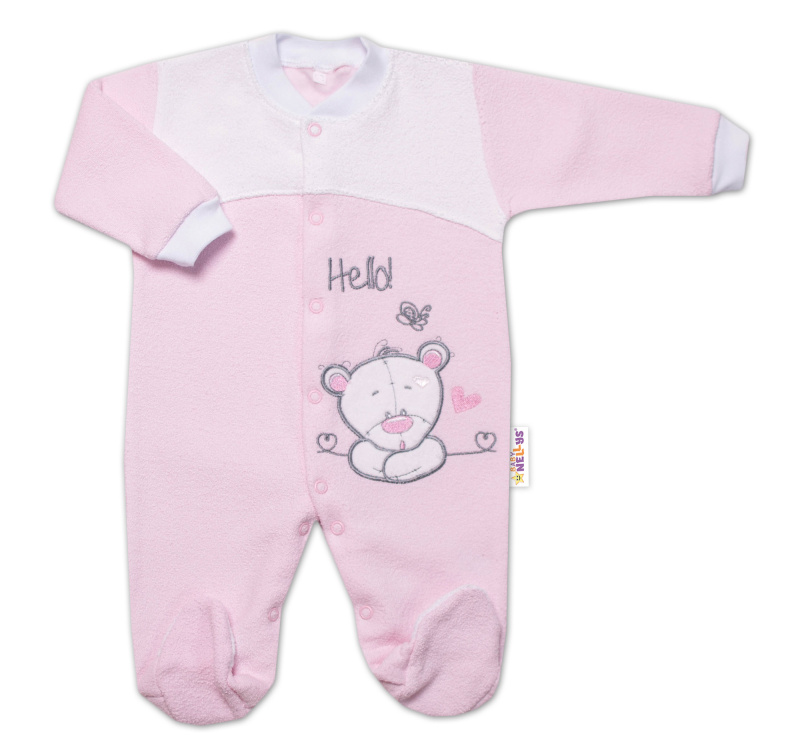 Baby Nellys Kojenecký overal froté, Medvídek Hello, růžový vel.  74