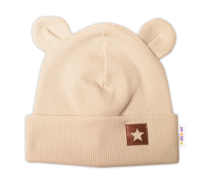 Baby Nellys Žebrovaná dvouvrstvá čepice s oušky TEDDY - béžová vel.  80/86