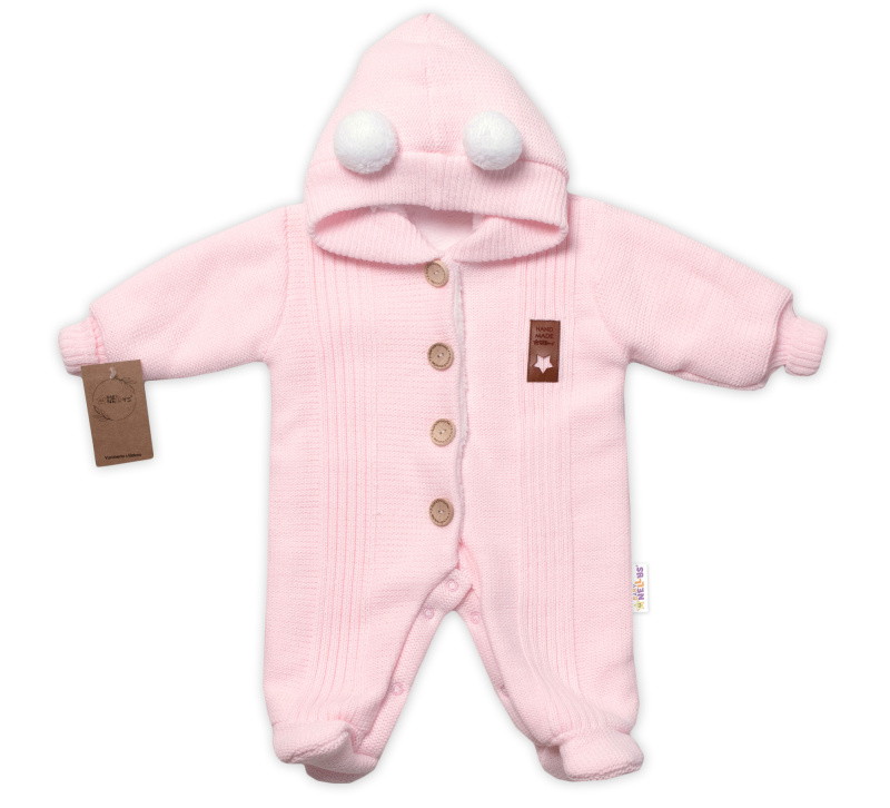 Baby Nellys Pletená kombinéza/overal LUX STAR s kožíškem - dvouvrstvá, sv. růžová vel.  74